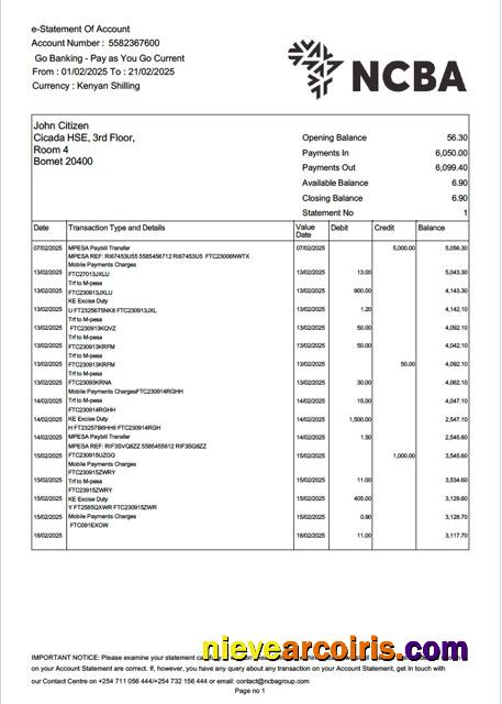 Kenya NCBA Bank e-statement of account Word and PDF